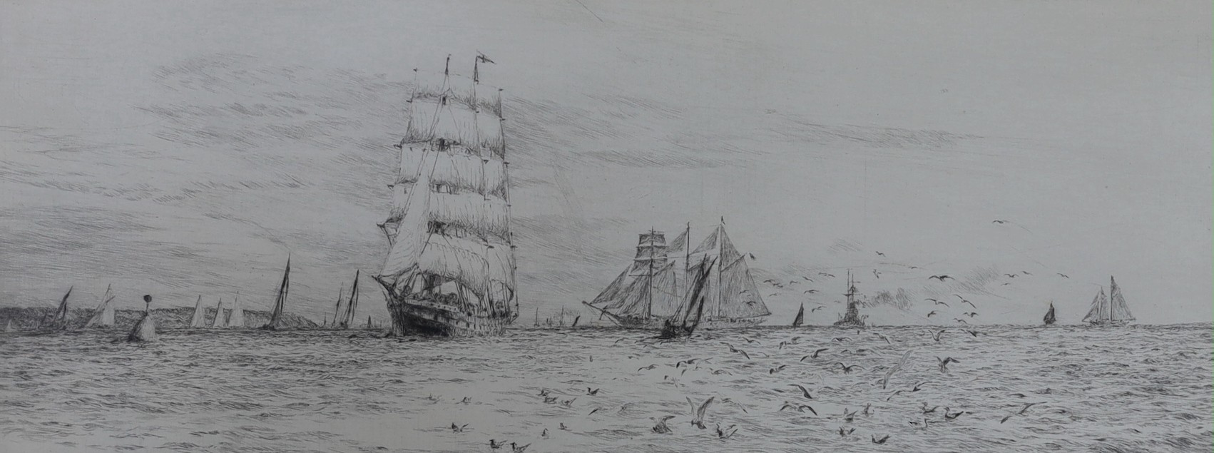 William Lionel Wyllie (1851-1931), drypoint etching, 'Fantome and Sunbeam after Papaluca', signed in pencil, 12 x 33cm